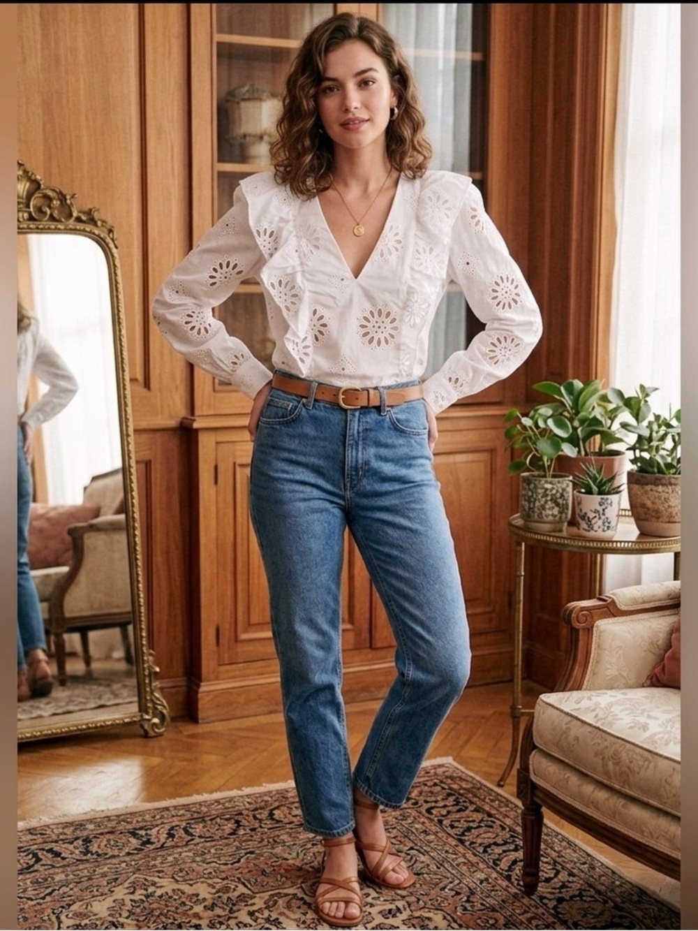 BAR III Bright White Eyelet Cotton
Ruffled Blouse